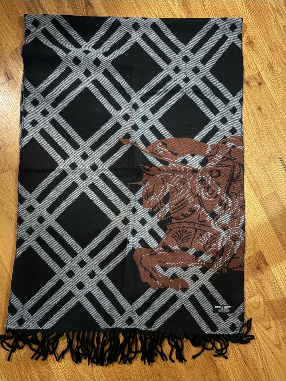 Burberry Black, Gray & Brown Plaid Scarf with Equestrian Motif